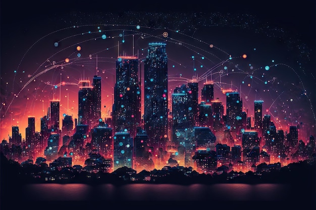 Cyber city with data symbols in night sky iot technology concept created with generative ai