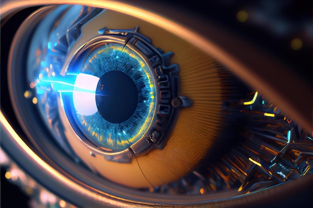 A cyber eye with mechanical details in closeup A cybernetic eye with bright colors