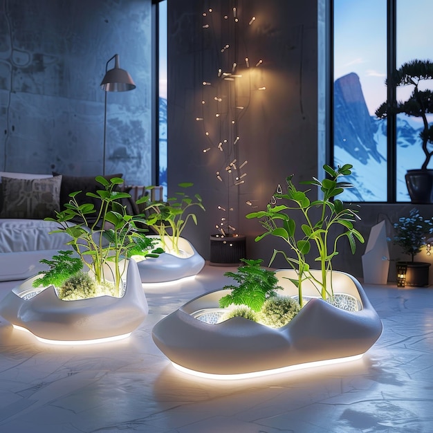 Cyber Garden Futuristic Botanical Oasis with HighTech Planters and LED Illumination