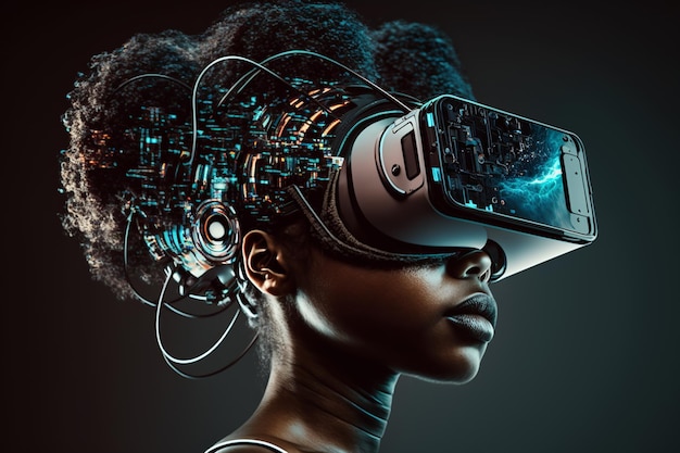 Cyber headset black lady exploring cyberspace in VR headset ai generation