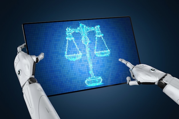 Cyber law concept with robotic arm with law scale