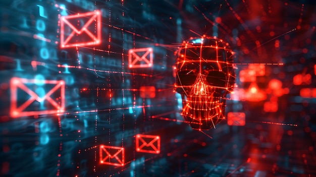 The cyber light wire red skull hacking email Surrounded by a floating cybersecurity technology