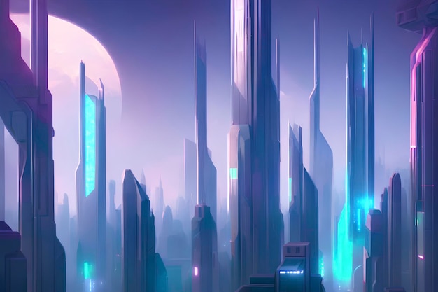 Cyber mega city of the future landscape scene, colorful illustration