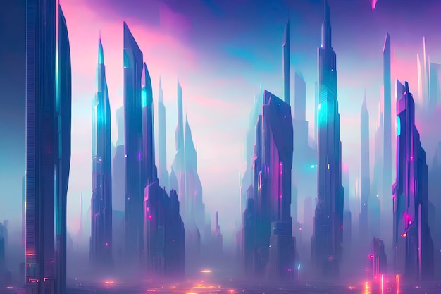 Cyber mega city of the future landscape scene, colorful illustration