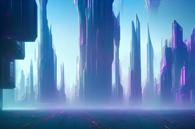 Cyber mega city of the future landscape scene, colorful illustration