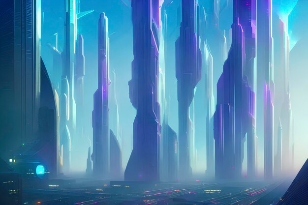 Cyber mega city of the future landscape scene, colorful illustration