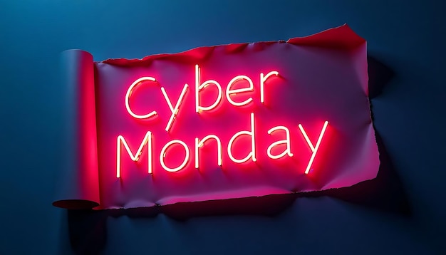 Cyber monday celebration text on a torn paper with neon light