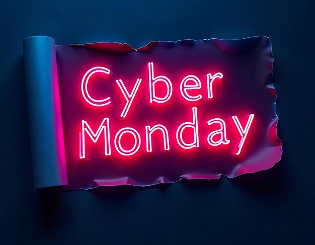 Cyber monday celebration text on a torn paper with neon light