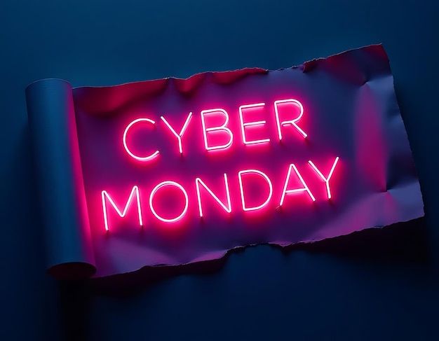 Cyber monday celebration text on a torn paper with neon light