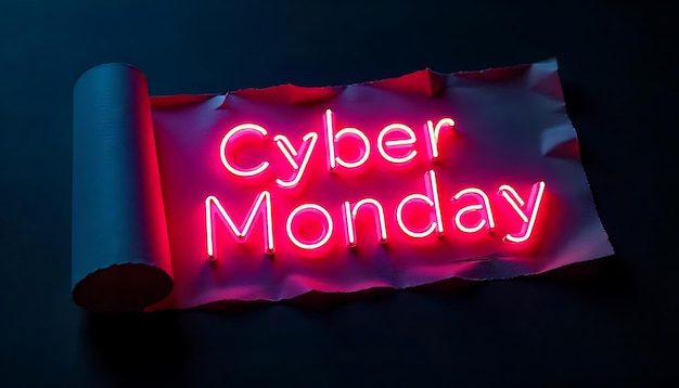 Cyber monday celebration text on a torn paper with neon light