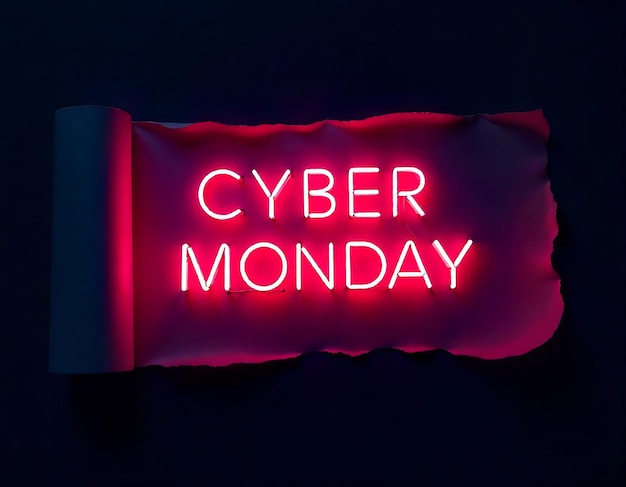 Photo cyber monday celebration text on a torn paper with neon light