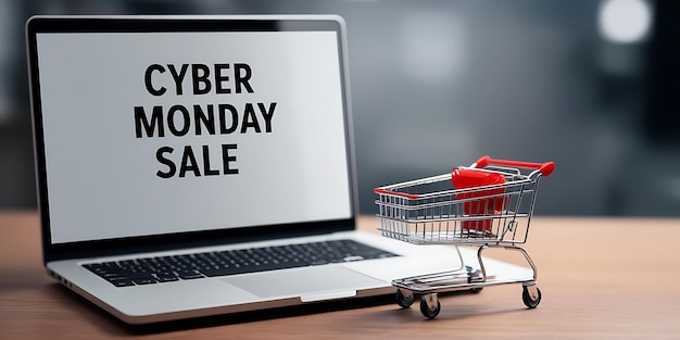 Photo cyber monday deals concept with laptop display and shopping cart online sale event