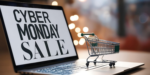 Photo cyber monday deals concept with laptop display and shopping cart online sale event