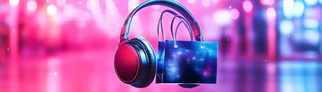 Cyber Monday Deals Glossy Floating Headphones with Holographic Discount Icon and Shopping Bag on Wh