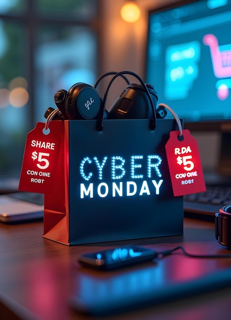 Photo cyber monday deals on laptops tablets and more with cyber monday shopping bag full of items