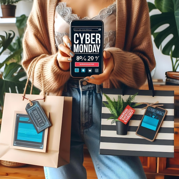 Photo cyber monday deals woman in casual outfit with smartphone and shopping bags