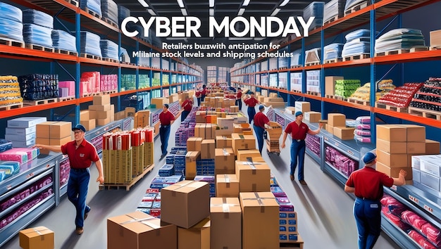 Photo cyber monday endless online shopping deals and discounts in a bustling warehouse scene