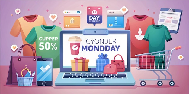 A Cyber Monday illustration with various items on sale There are laptops smartphones headphones