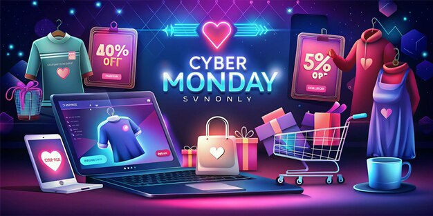 A Cyber Monday illustration with various items on sale There are laptops smartphones headphones