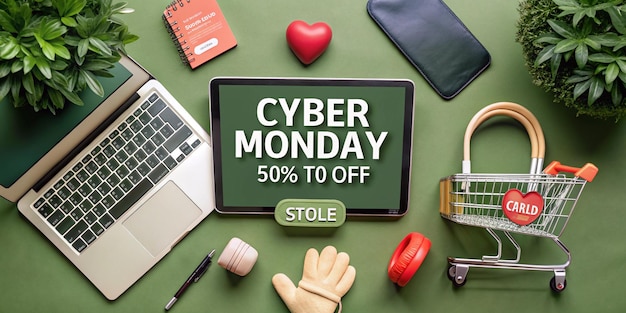 A Cyber Monday illustration with various items on sale There are laptops smartphones headphones