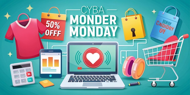 A Cyber Monday illustration with various items on sale There are laptops smartphones headphones