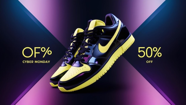 Photo cyber monday neon template with gorgeous black and white sports shoes