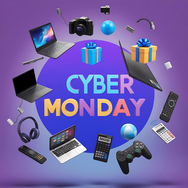 Photo cyber monday online shopping with floating tech gadgets laptop camera gift box and more