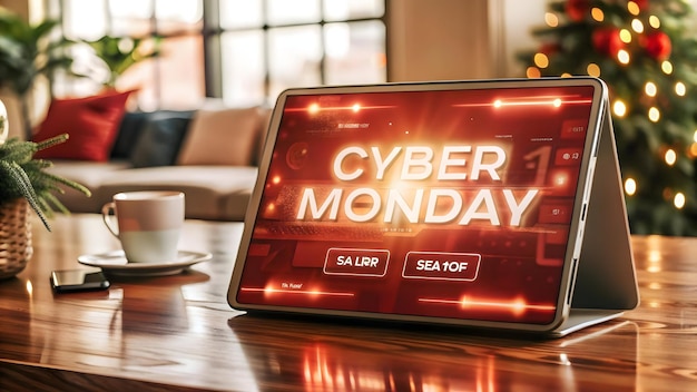 Cyber Monday Promotions in 3D Macro CloseUp of a Glowing Tech Gadget with Digital Advertising