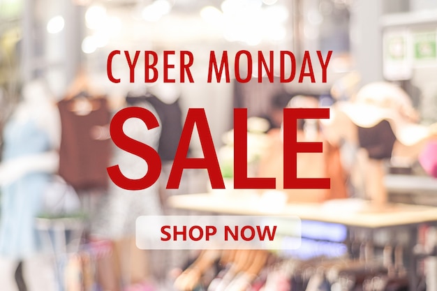 Cyber monday sale banner over blur store background, Online shopping, business and technology 