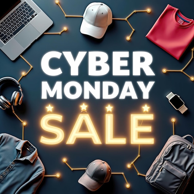 Cyber Monday Sale Banner with Electronics and Apparel on Dark Background