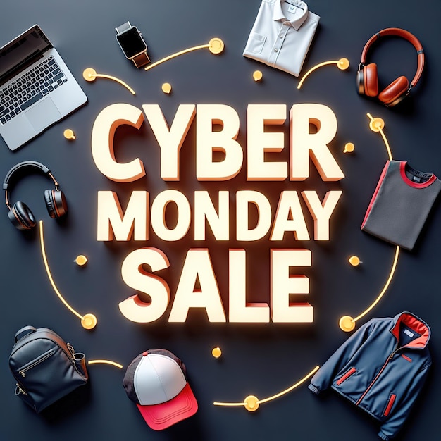 Cyber Monday Sale Banner with Electronics and Apparel on Dark Background