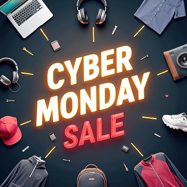 Cyber Monday Sale Banner with Electronics and Apparel on Dark Background