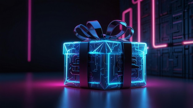 Photo cyber monday sale concept hitech neon blue glowing gift box banner