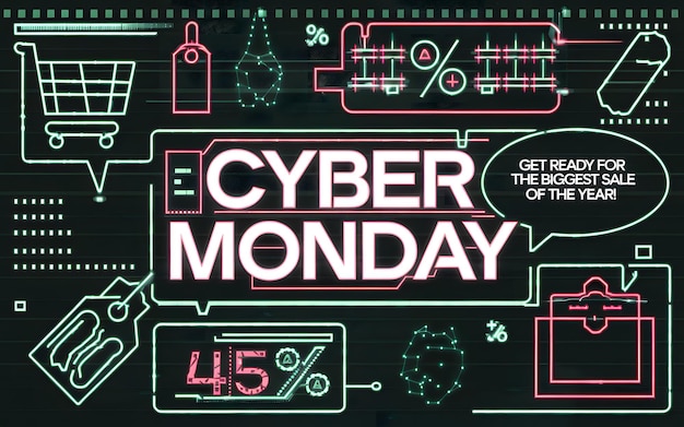 Photo cyber monday sale neon shopping cart glow digital tech background generativeai