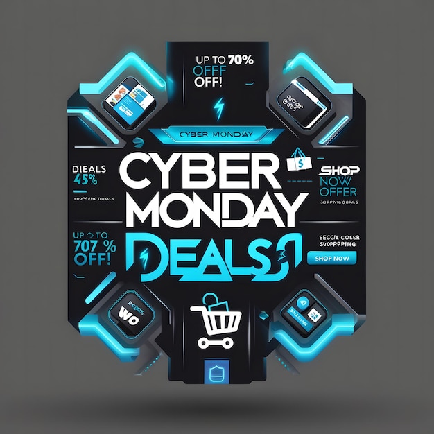 Photo cyber monday special offer banner with digital icons and bold typography