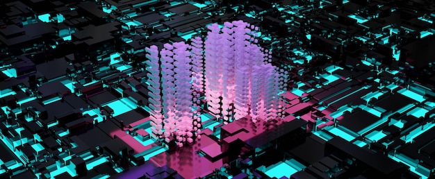 Cyber neon skyscraper in virtual city background