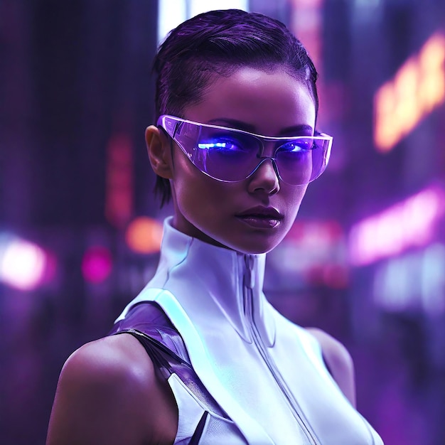 Cyber night city a woman with a purple eye shadow is wearing a white dress with purple lights