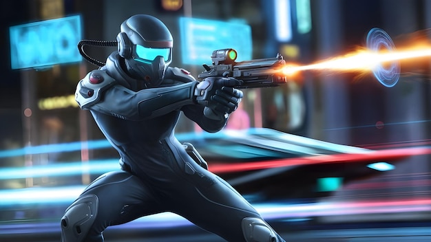 cyber person with technology gaming character and aiming a weapon and shooting a gun