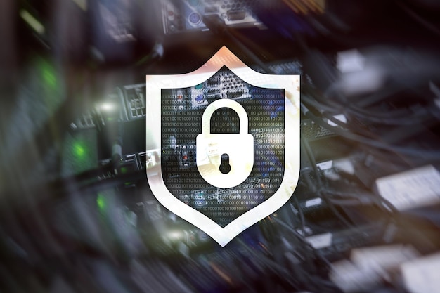 Cyber protection shield icon on server room background Information Security and virus detection