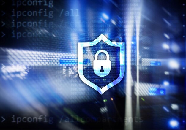 Cyber protection shield icon on server room background Information Security and virus detection