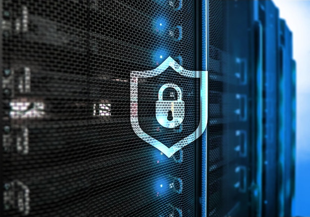 Cyber protection shield icon on server room background Information Security and virus detection