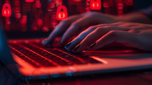 Photo cyber security concept close up of hands typing on laptop keyboard