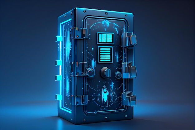 Cyber security concept and digital data protection with a locker in a blue background created withgenerative ai