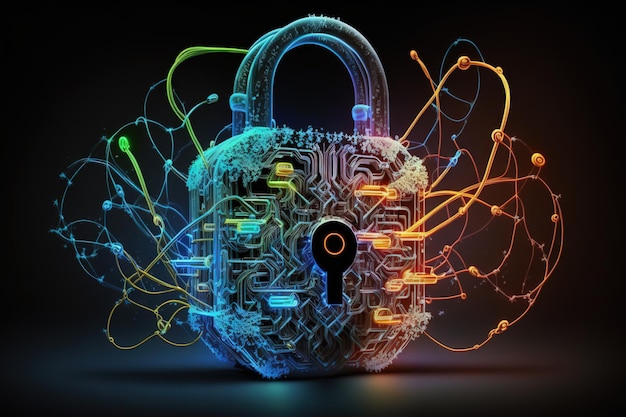 Cyber security concept neon padlock