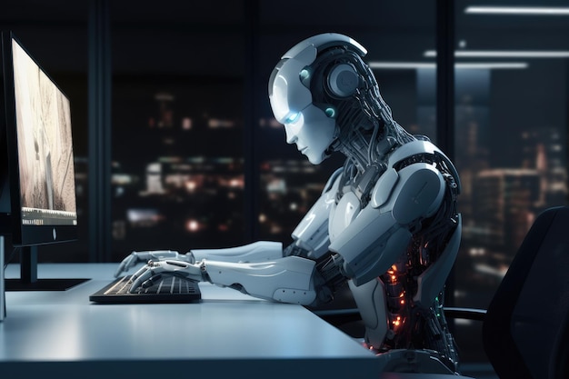 Cyber security concept with young man wearing headphones and using computer Mixed media 3D rendering of a humanoid robot engaged in computer work within a dark office room AI Generated