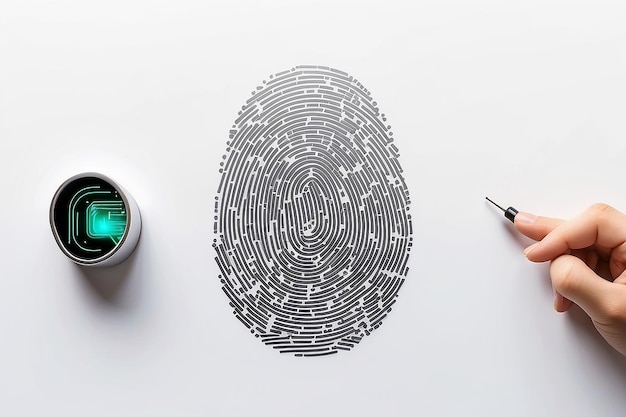 Photo cyber security and cyber crime concept electronic thumb fingerprint on white background