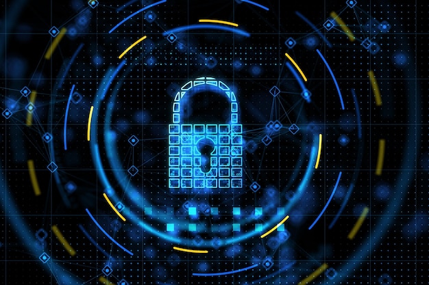 Cyber security and data protection concept with digital graphic glowing blue lock symbol with keyhole surrounded in abstract blue and yellow circles 3D rendering