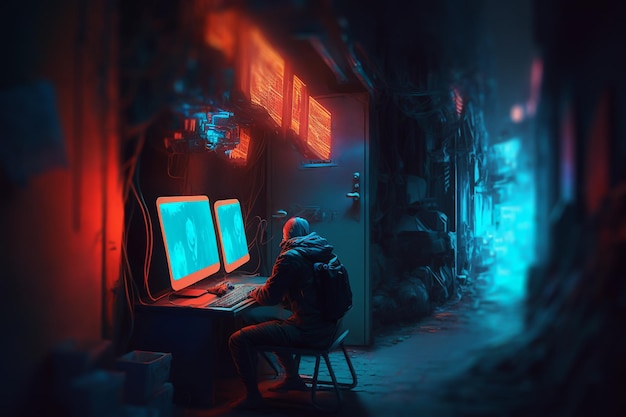 Cyber security hacker at a computer in a dark room cyber style neon lighting illustration Generative AI