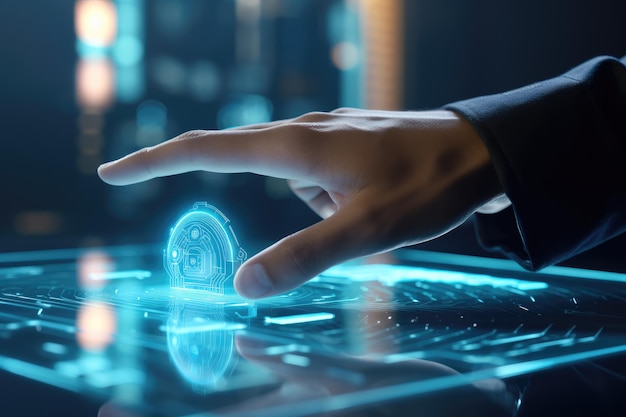 Cyber security and information protection business technology concept on virtual screen A closeup captures a human hand touching an icon on a media screen in a 3D rendering AI Generated