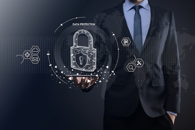 Cyber security network. Padlock icon and internet technology networking. Businessman protecting data personal information on tablet and virtual interface. Data protection privacy concept. GDPR. EU.